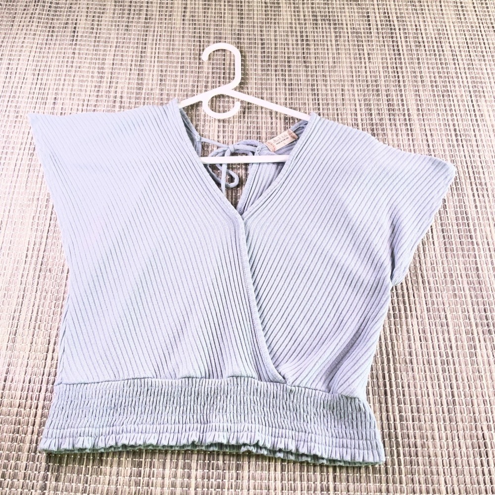 Altar'd State Blue Ribbed Smocked Surplice Crop Top Tie Back Womens Large